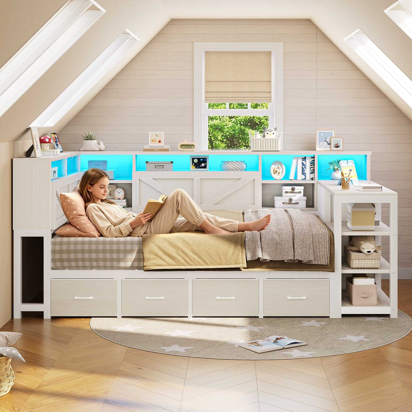 AOGLLATI Corner Bed Frame with Desk and Bookcase Headboard Farmhouse Twin Wood Platform Bed Frame with Storage Shelves and 7 Drawers Daybed with Charging Station and LED Lights