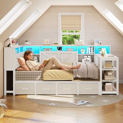 AOGLLATI Corner Bed Frame with Desk and Bookcase Headboard Farmhouse Twin Wood Platform Bed Frame with Storage Shelves and 7 Drawers Daybed with Charging Station and LED Lights