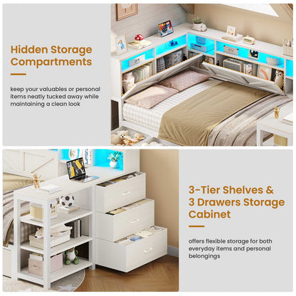 AOGLLATI Corner Bed Frame with Desk and Bookcase Headboard Farmhouse Twin Wood Platform Bed Frame with Storage Shelves and 7 Drawers Daybed with Charging Station and LED Lights