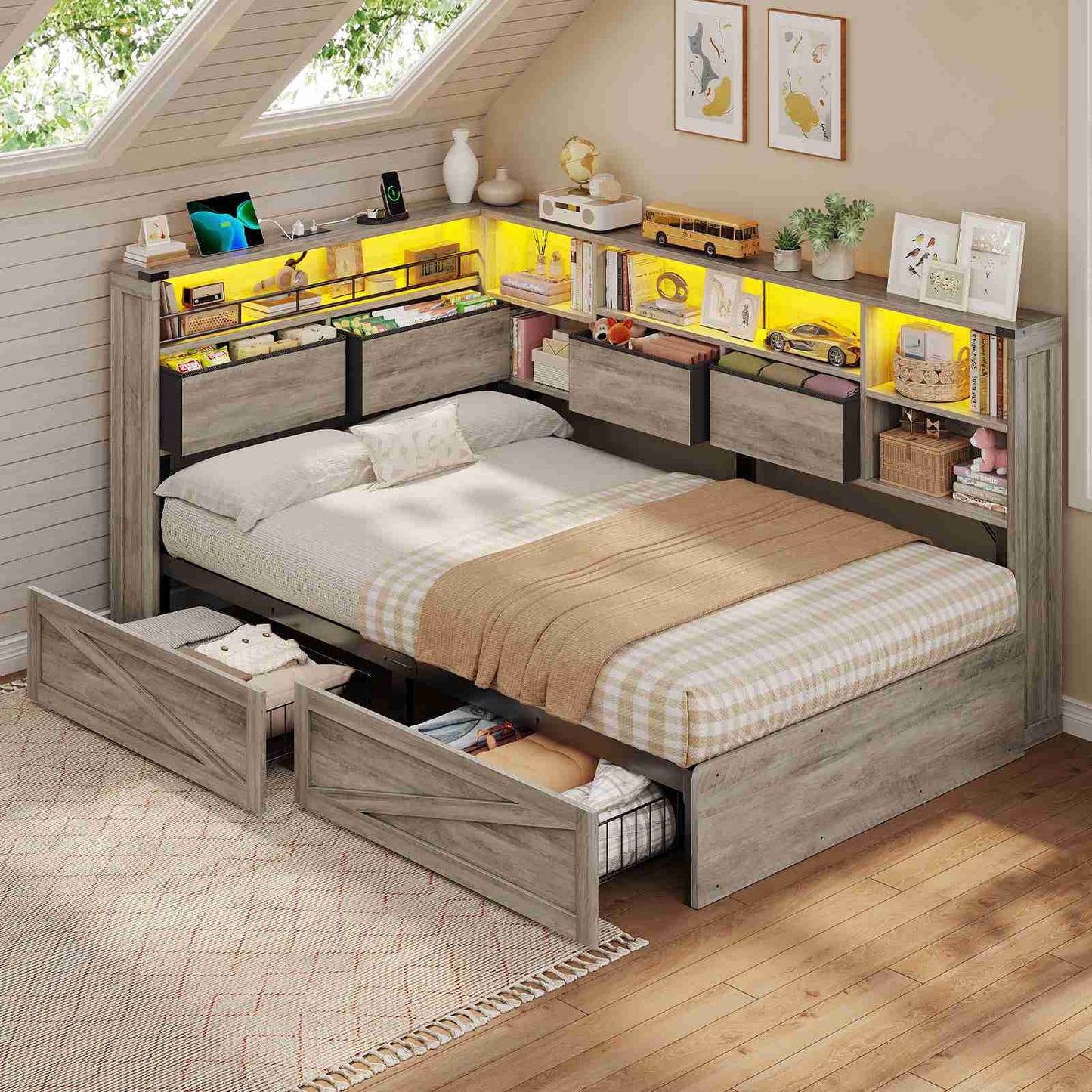 AOGLLATI Twin Corner Bed with 6 Storage Drawers and Storage Headboard LED Twin Daybed with Charging Station and Side Bookcase Storage