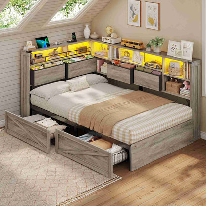 AOGLLATI Twin Corner Bed with 6 Storage Drawers and Storage Headboard LED Twin Daybed with Charging Station and Side Bookcase Storage