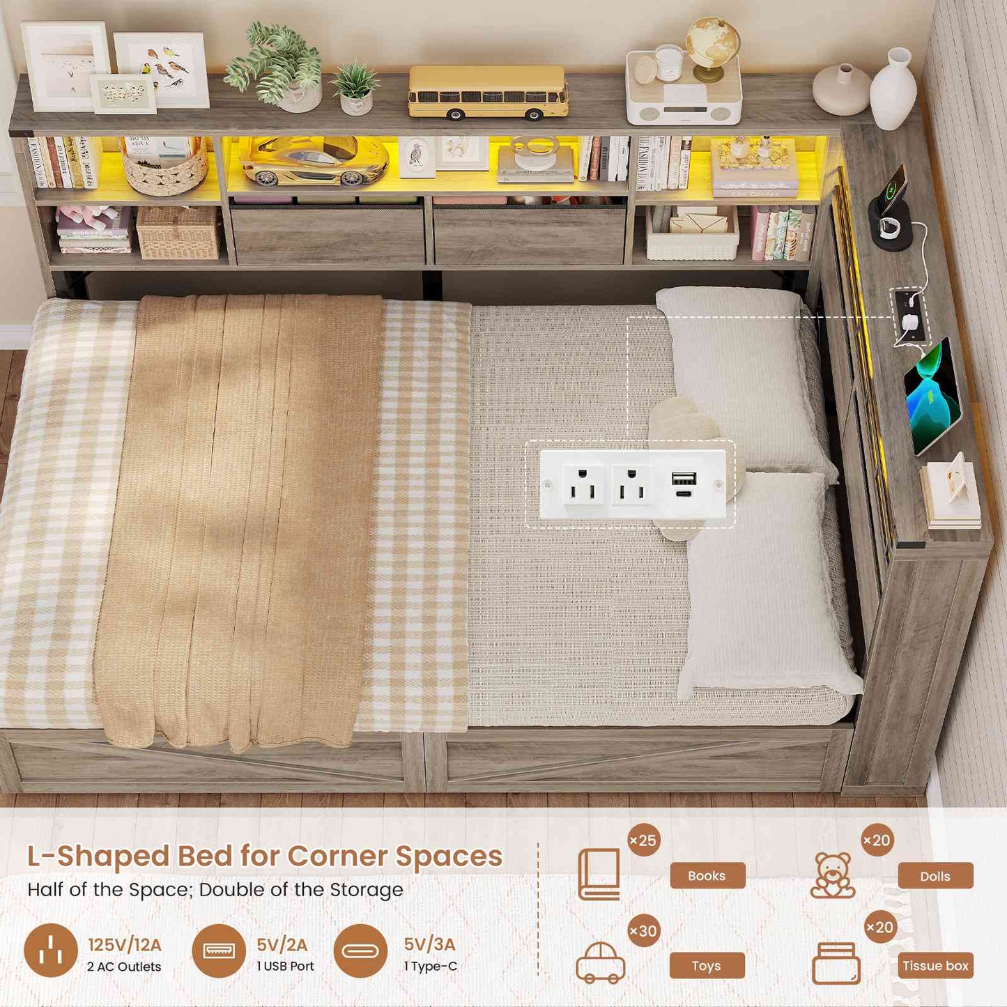 AOGLLATI Twin Corner Bed with 6 Storage Drawers and Storage Headboard LED Twin Daybed with Charging Station and Side Bookcase Storage