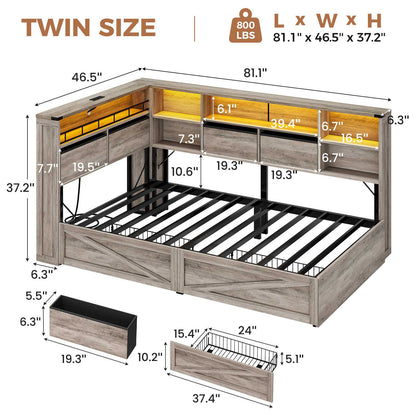 AOGLLATI Twin Corner Bed with 6 Storage Drawers and Storage Headboard LED Twin Daybed with Charging Station and Side Bookcase Storage