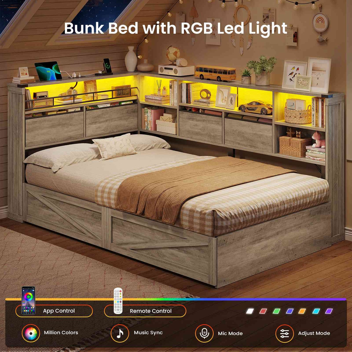 AOGLLATI Twin Corner Bed with 6 Storage Drawers and Storage Headboard LED Twin Daybed with Charging Station and Side Bookcase Storage