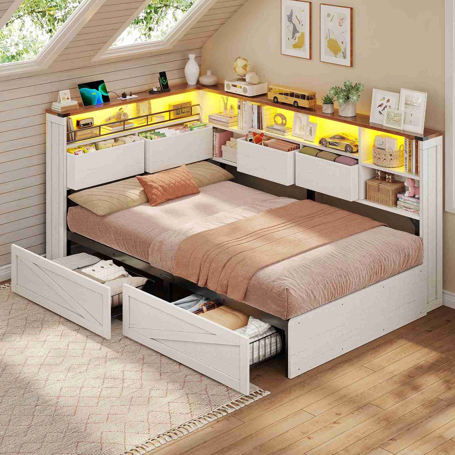 AOGLLATI Twin Corner Bed with 6 Storage Drawers and Storage Headboard LED Twin Daybed with Charging Station and Side Bookcase Storage