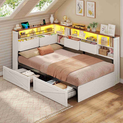 AOGLLATI Twin Corner Bed with 6 Storage Drawers and Storage Headboard LED Twin Daybed with Charging Station and Side Bookcase Storage