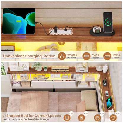 AOGLLATI Twin Corner Bed with 6 Storage Drawers and Storage Headboard LED Twin Daybed with Charging Station and Side Bookcase Storage