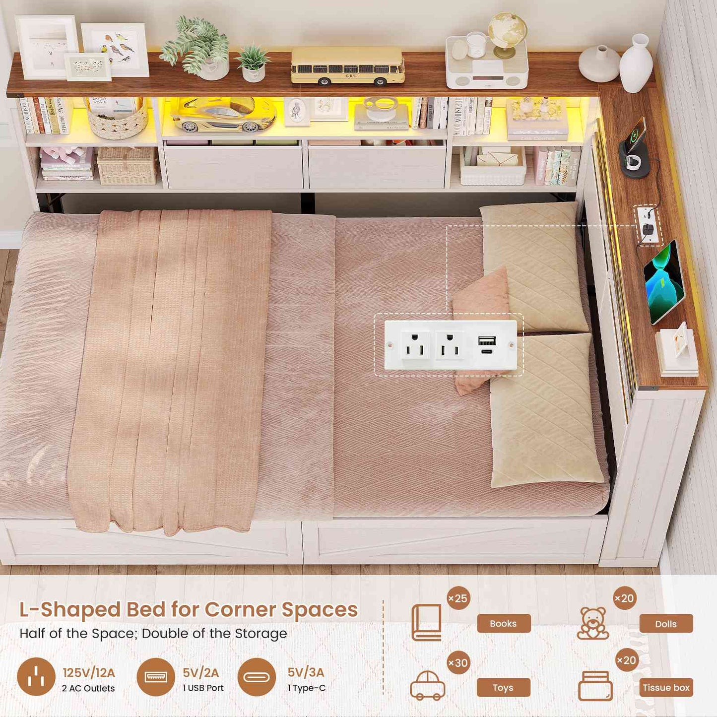 AOGLLATI Twin Corner Bed with 6 Storage Drawers and Storage Headboard LED Twin Daybed with Charging Station and Side Bookcase Storage