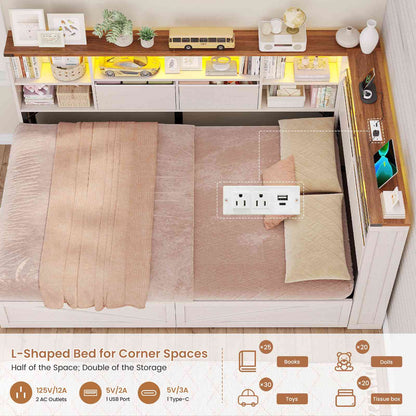 AOGLLATI Twin Corner Bed with 6 Storage Drawers and Storage Headboard LED Twin Daybed with Charging Station and Side Bookcase Storage