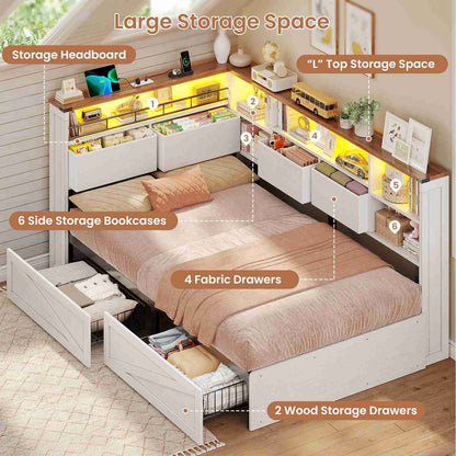 AOGLLATI Twin Corner Bed with 6 Storage Drawers and Storage Headboard LED Twin Daybed with Charging Station and Side Bookcase Storage