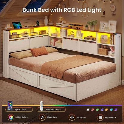 AOGLLATI Twin Corner Bed with 6 Storage Drawers and Storage Headboard LED Twin Daybed with Charging Station and Side Bookcase Storage