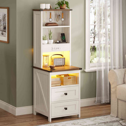 AOGLLATI Farmhouse Tall Nightstand with Charging Station and Bookshelf Led Wood Night Stand with 2 Drawers 6 Hooks and Storage Shelves