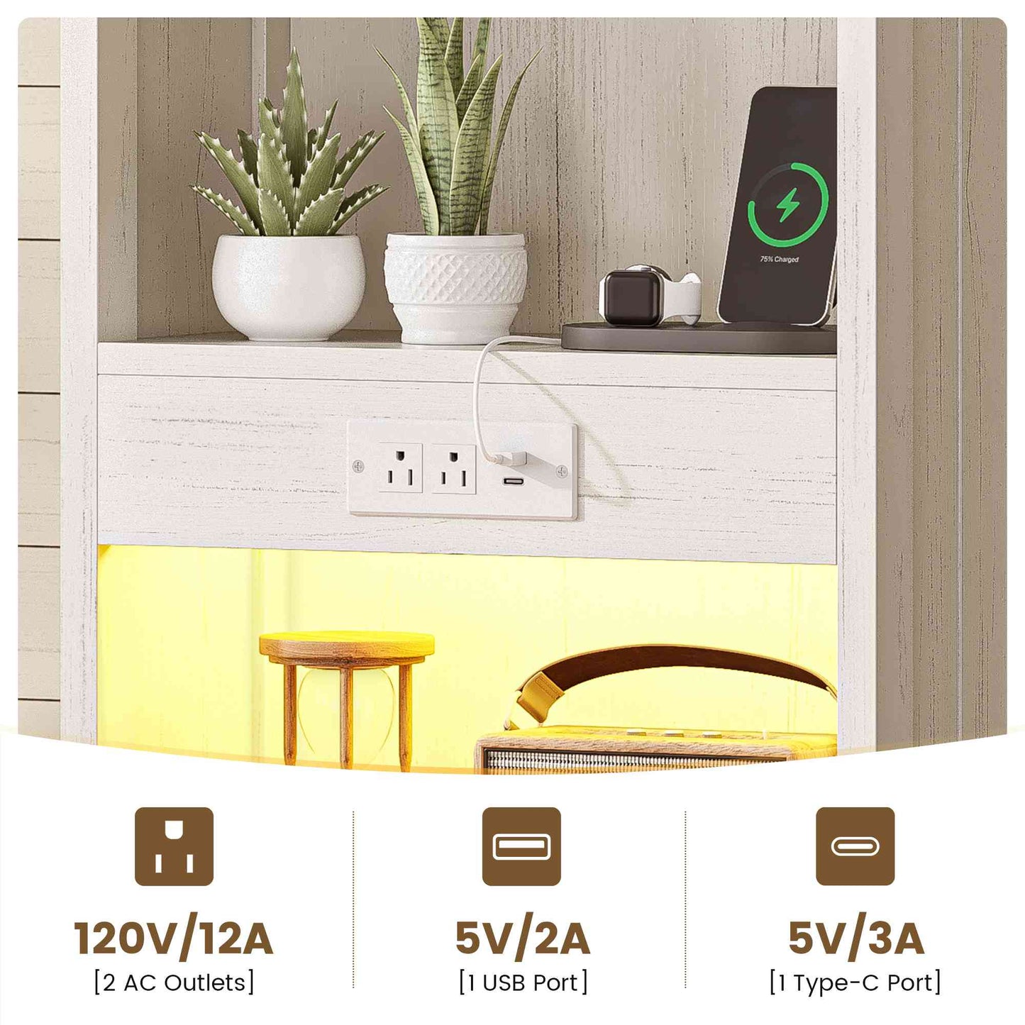 AOGLLATI Farmhouse Tall Nightstand with Charging Station and Bookshelf Led Wood Night Stand with 2 Drawers 6 Hooks and Storage Shelves