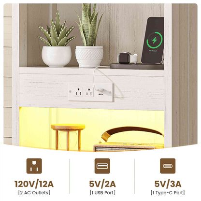 AOGLLATI Farmhouse Tall Nightstand with Charging Station and Bookshelf Led Wood Night Stand with 2 Drawers 6 Hooks and Storage Shelves