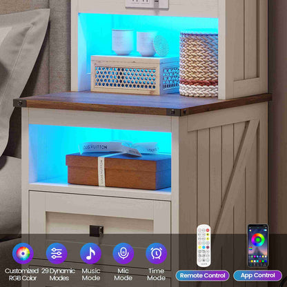 AOGLLATI Farmhouse Tall Nightstand with Charging Station and Bookshelf Led Wood Night Stand with 2 Drawers 6 Hooks and Storage Shelves