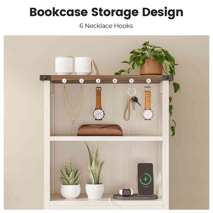 AOGLLATI Farmhouse Tall Nightstand with Charging Station and Bookshelf Led Wood Night Stand with 2 Drawers 6 Hooks and Storage Shelves