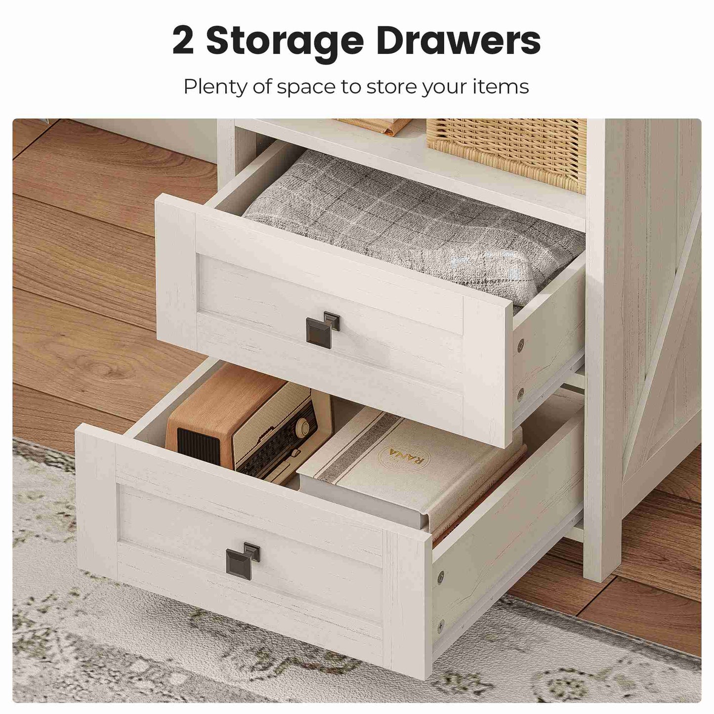 AOGLLATI Farmhouse Tall Nightstand with Charging Station and Bookshelf Led Wood Night Stand with 2 Drawers 6 Hooks and Storage Shelves