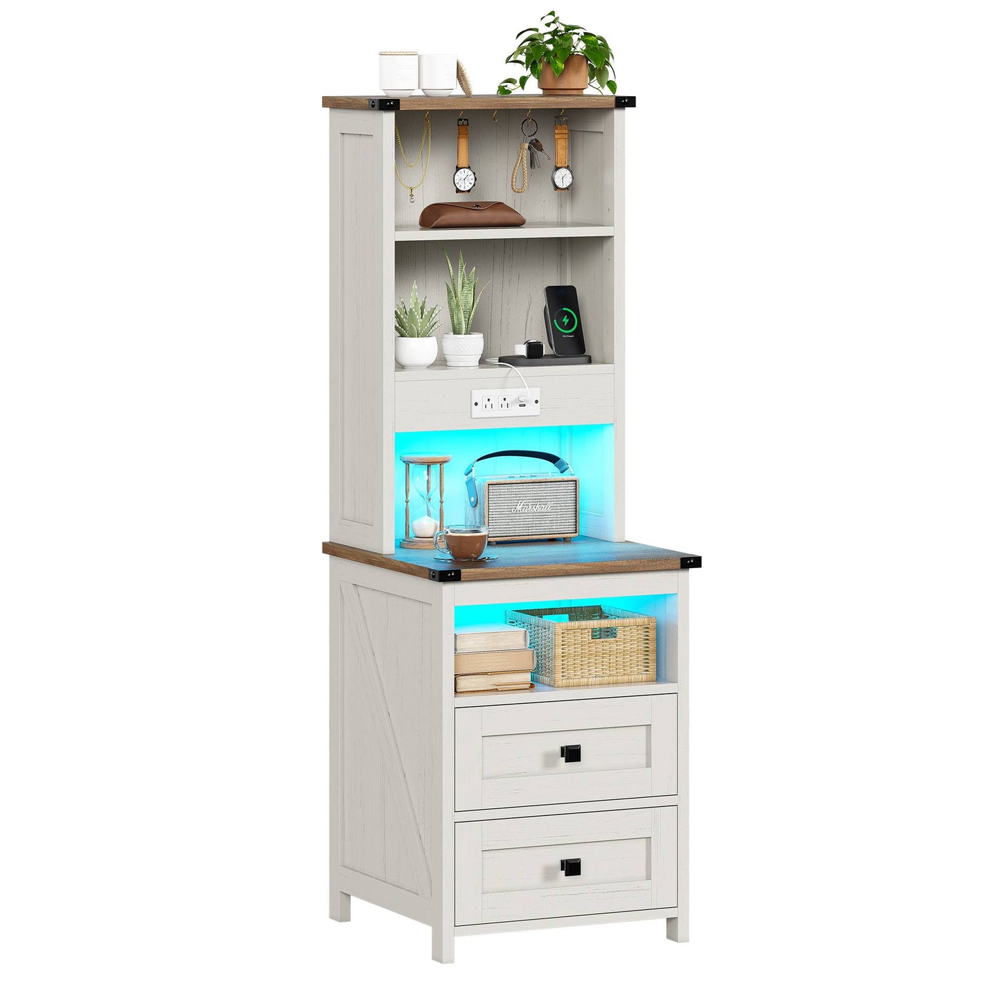 AOGLLATI Farmhouse Tall Nightstand with Charging Station and Bookshelf Led Wood Night Stand with 2 Drawers 6 Hooks and Storage Shelves