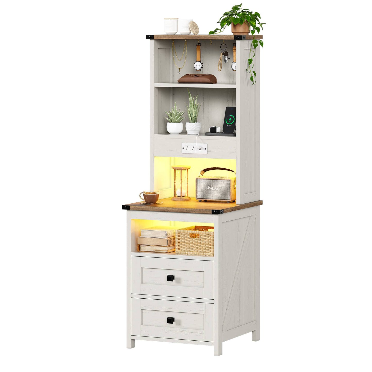 AOGLLATI Farmhouse Tall Nightstand with Charging Station and Bookshelf Led Wood Night Stand with 2 Drawers 6 Hooks and Storage Shelves