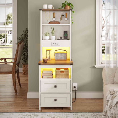 AOGLLATI Farmhouse Tall Nightstand with Charging Station and Bookshelf Led Wood Night Stand with 2 Drawers 6 Hooks and Storage Shelves