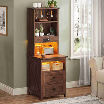 AOGLLATI Farmhouse Tall Nightstand with Charging Station and Bookshelf Led Wood Night Stand with 2 Drawers 6 Hooks and Storage Shelves