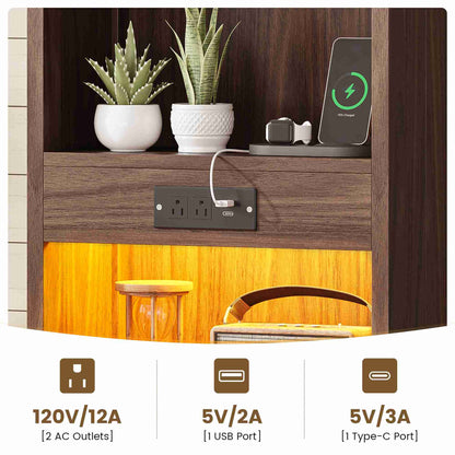 AOGLLATI Farmhouse Tall Nightstand with Charging Station and Bookshelf Led Wood Night Stand with 2 Drawers 6 Hooks and Storage Shelves