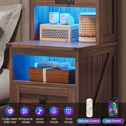 AOGLLATI Farmhouse Tall Nightstand with Charging Station and Bookshelf Led Wood Night Stand with 2 Drawers 6 Hooks and Storage Shelves