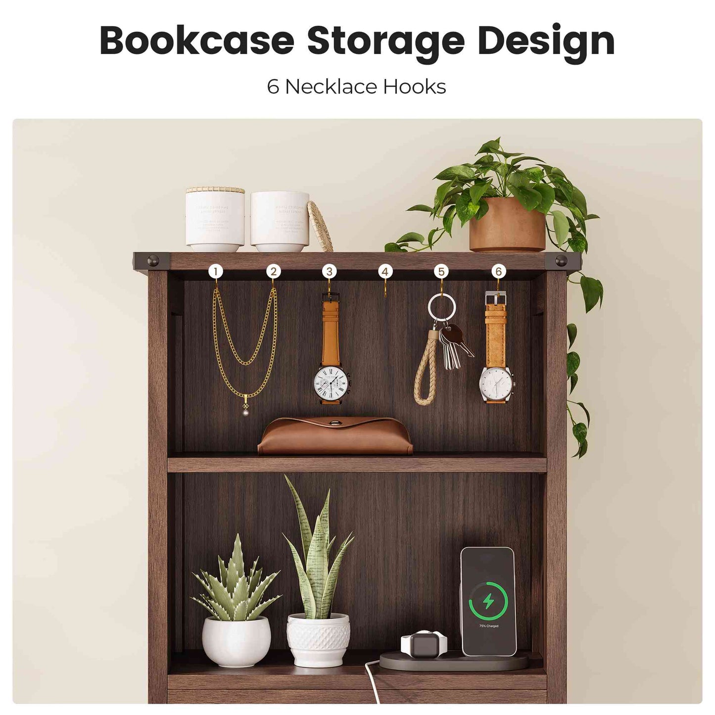 AOGLLATI Farmhouse Tall Nightstand with Charging Station and Bookshelf Led Wood Night Stand with 2 Drawers 6 Hooks and Storage Shelves