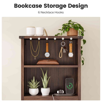 AOGLLATI Farmhouse Tall Nightstand with Charging Station and Bookshelf Led Wood Night Stand with 2 Drawers 6 Hooks and Storage Shelves