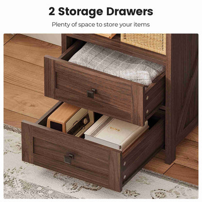 AOGLLATI Farmhouse Tall Nightstand with Charging Station and Bookshelf Led Wood Night Stand with 2 Drawers 6 Hooks and Storage Shelves