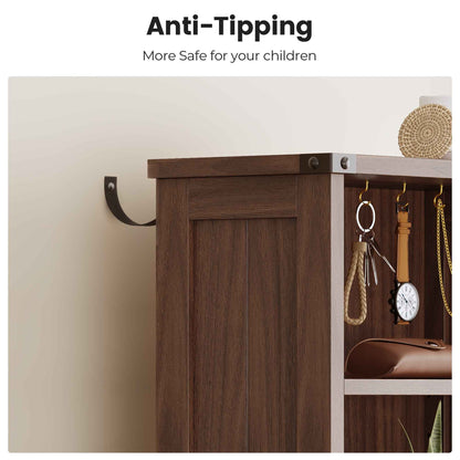AOGLLATI Farmhouse Tall Nightstand with Charging Station and Bookshelf Led Wood Night Stand with 2 Drawers 6 Hooks and Storage Shelves