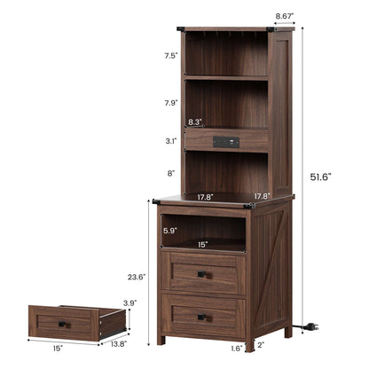 AOGLLATI Farmhouse Tall Nightstand with Charging Station and Bookshelf Led Wood Night Stand with 2 Drawers 6 Hooks and Storage Shelves