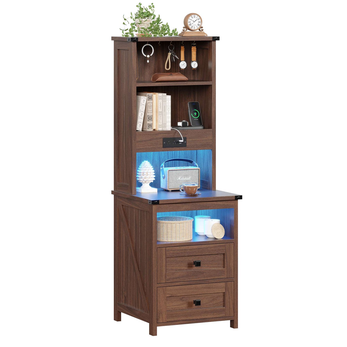 AOGLLATI Farmhouse Tall Nightstand with Charging Station and Bookshelf Led Wood Night Stand with 2 Drawers 6 Hooks and Storage Shelves