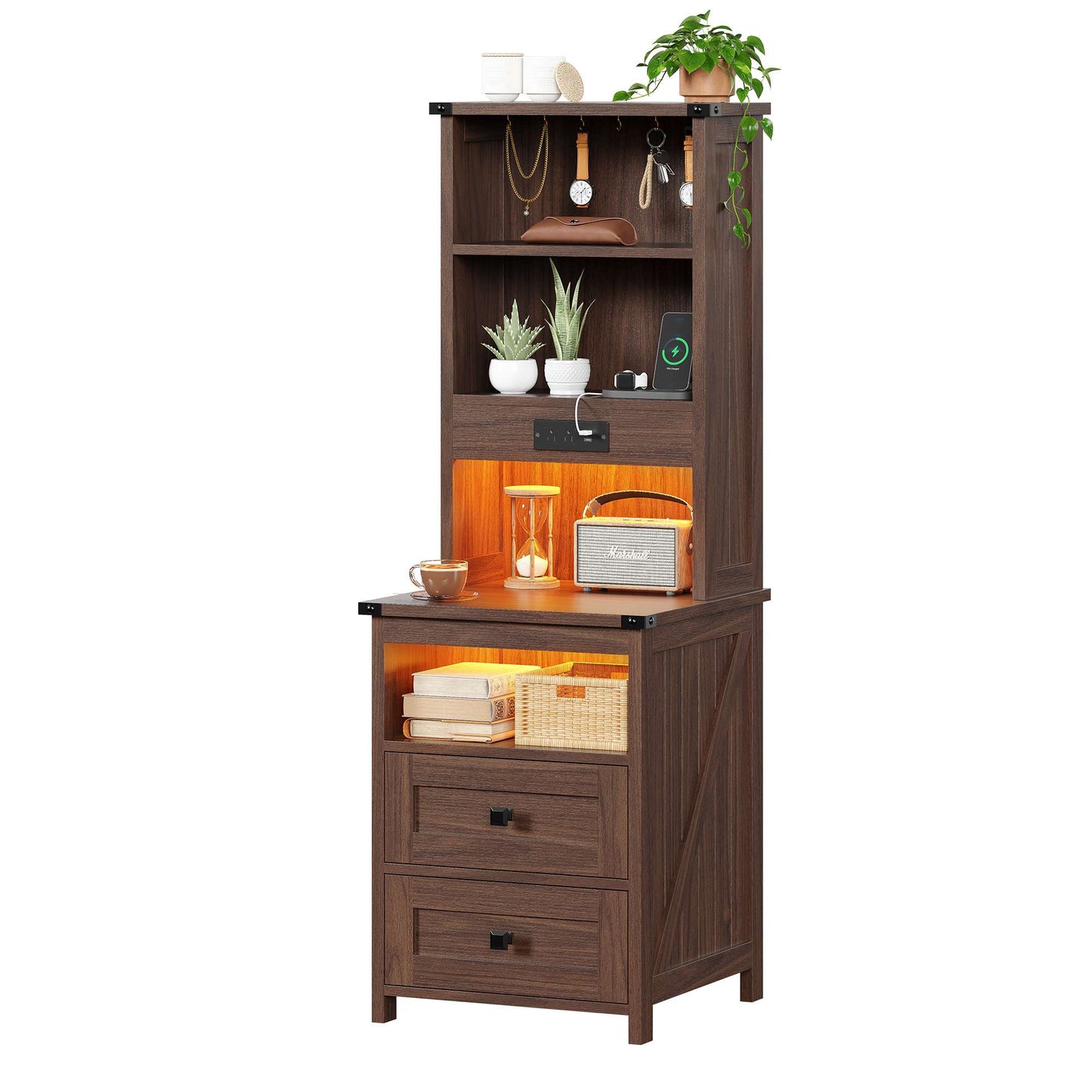 AOGLLATI Farmhouse Tall Nightstand with Charging Station and Bookshelf Led Wood Night Stand with 2 Drawers 6 Hooks and Storage Shelves