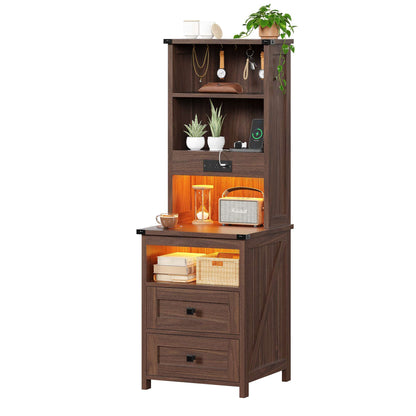 AOGLLATI Farmhouse Tall Nightstand with Charging Station and Bookshelf Led Wood Night Stand with 2 Drawers 6 Hooks and Storage Shelves
