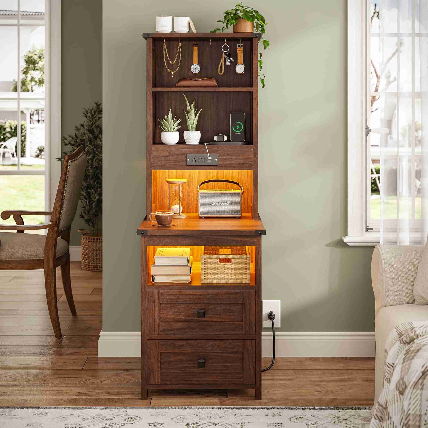 AOGLLATI Farmhouse Tall Nightstand with Charging Station and Bookshelf Led Wood Night Stand with 2 Drawers 6 Hooks and Storage Shelves
