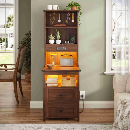 AOGLLATI Farmhouse Tall Nightstand with Charging Station and Bookshelf Led Wood Night Stand with 2 Drawers 6 Hooks and Storage Shelves