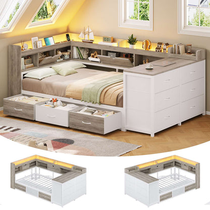 AOGLLATI Twin Corner Storage Bed Frame with 9 Drawers and Charging Station LED Daybed with Hidden Storage and Bookcase Storage