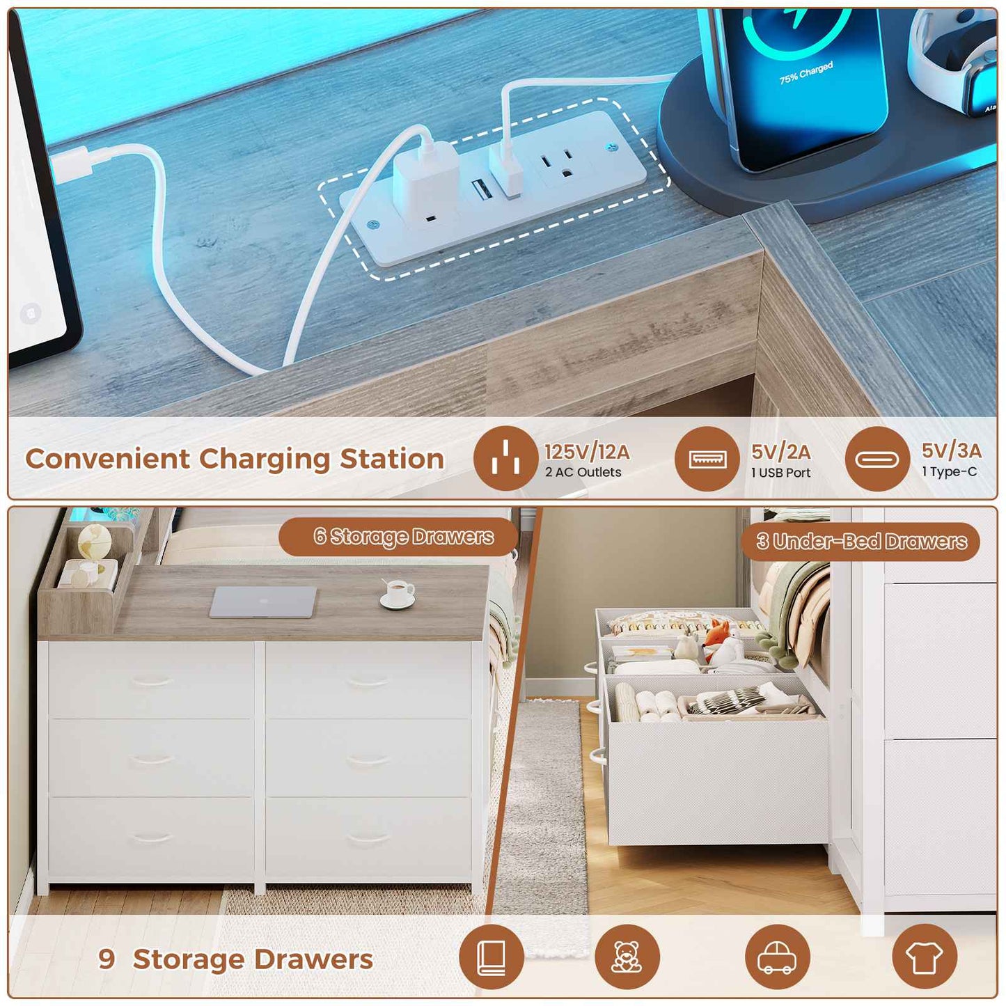 AOGLLATI Twin Corner Storage Bed Frame with 9 Drawers and Charging Station LED Daybed with Hidden Storage and Bookcase Storage