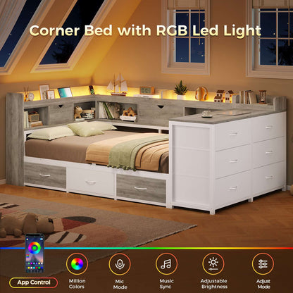 AOGLLATI Twin XL Corner Bed Frame with Hidden Storage and 9 Drawers LED Daybed with Bookcase Storage and Charging Station