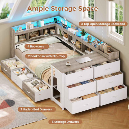 AOGLLATI Twin Corner Storage Bed Frame with 9 Drawers and Charging Station LED Daybed with Hidden Storage and Bookcase Storage