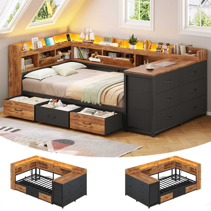 AOGLLATI Twin XL Corner Bed Frame with Hidden Storage and 9 Drawers LED Daybed with Bookcase Storage and Charging Station