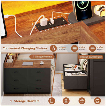 AOGLLATI Twin Corner Storage Bed Frame with 9 Drawers and Charging Station LED Daybed with Hidden Storage and Bookcase Storage