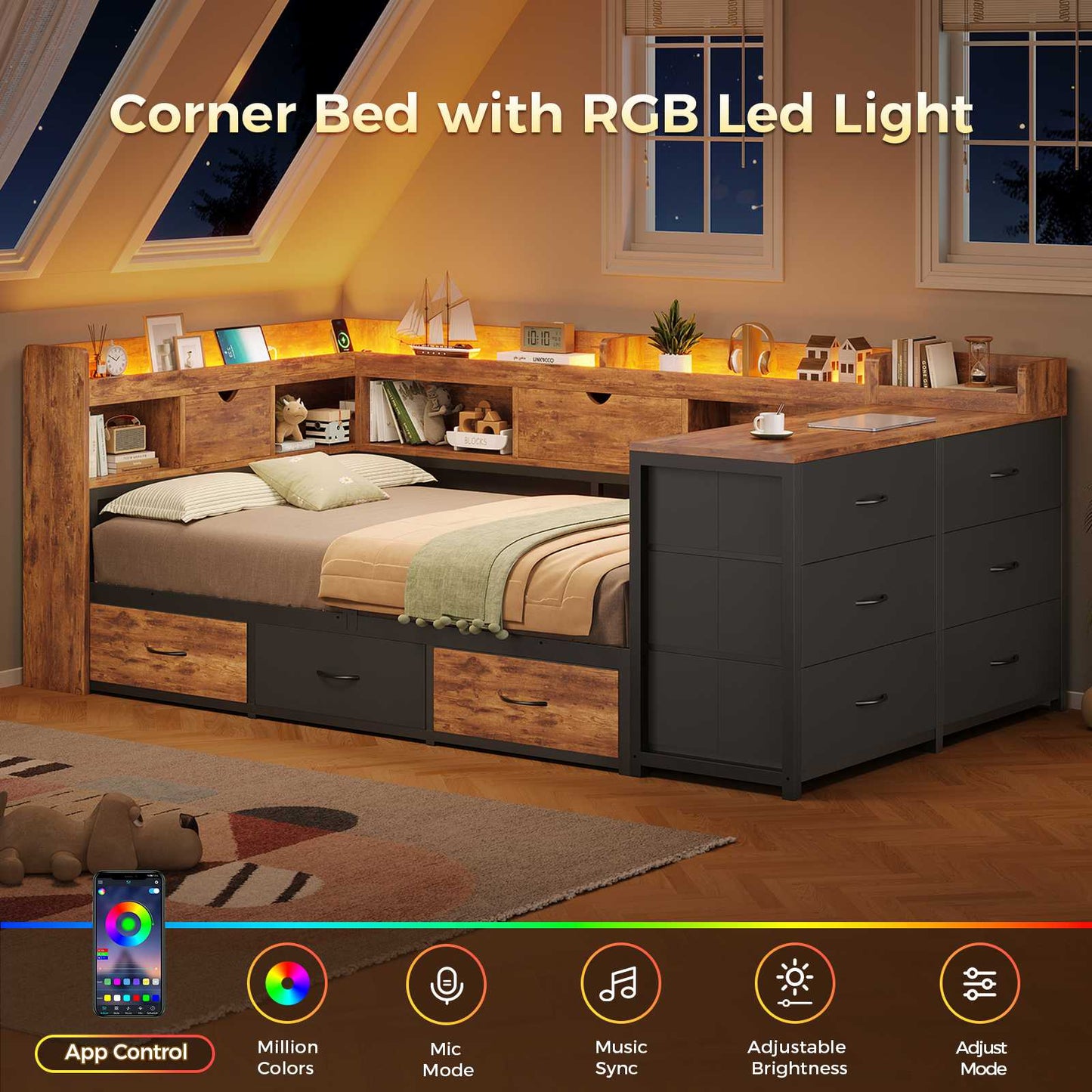 AOGLLATI Twin Corner Storage Bed Frame with 9 Drawers and Charging Station LED Daybed with Hidden Storage and Bookcase Storage