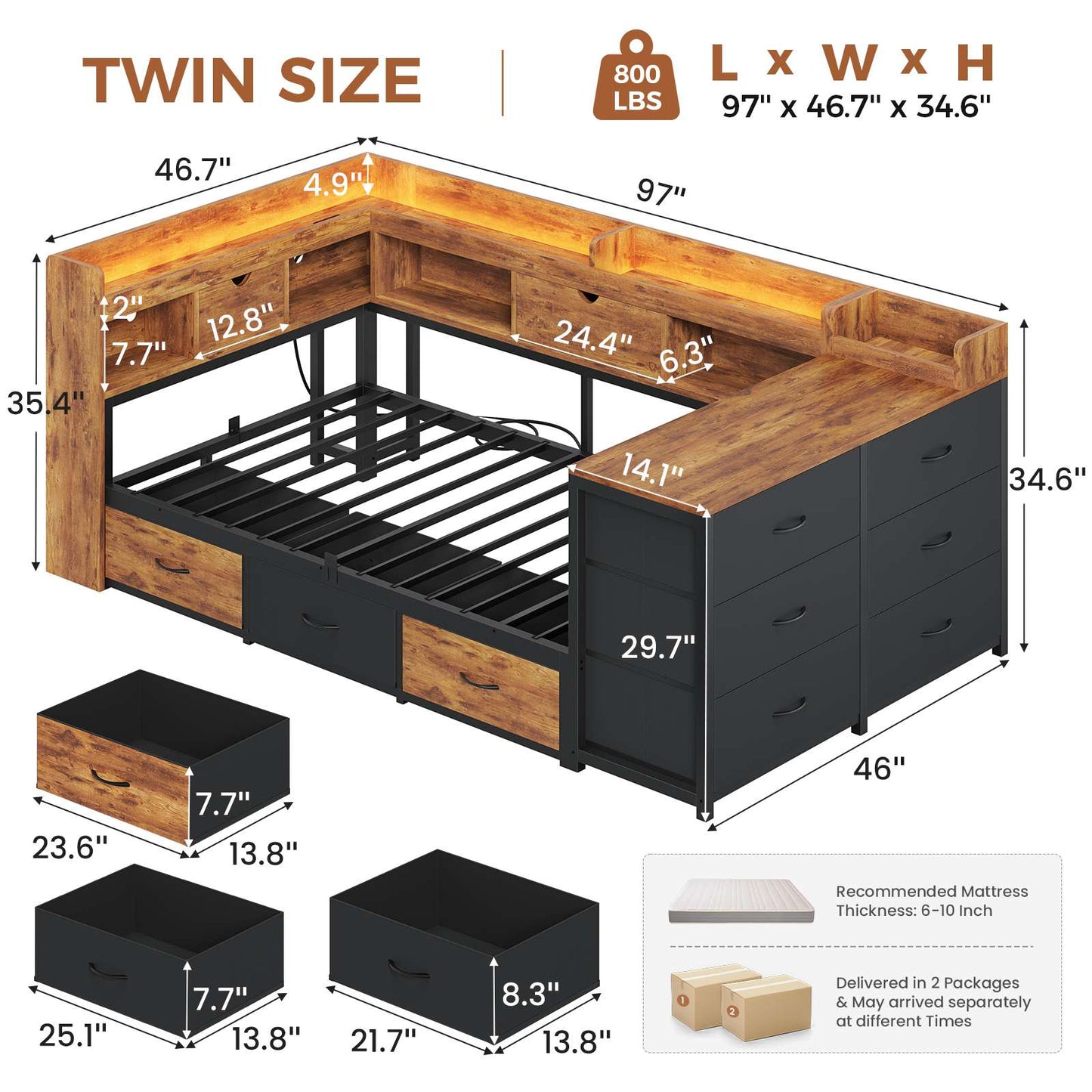 AOGLLATI Twin Corner Storage Bed Frame with 9 Drawers and Charging Station LED Daybed with Hidden Storage and Bookcase Storage