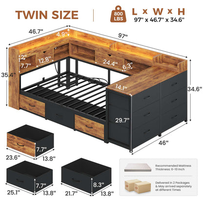 AOGLLATI Twin Corner Storage Bed Frame with 9 Drawers and Charging Station LED Daybed with Hidden Storage and Bookcase Storage