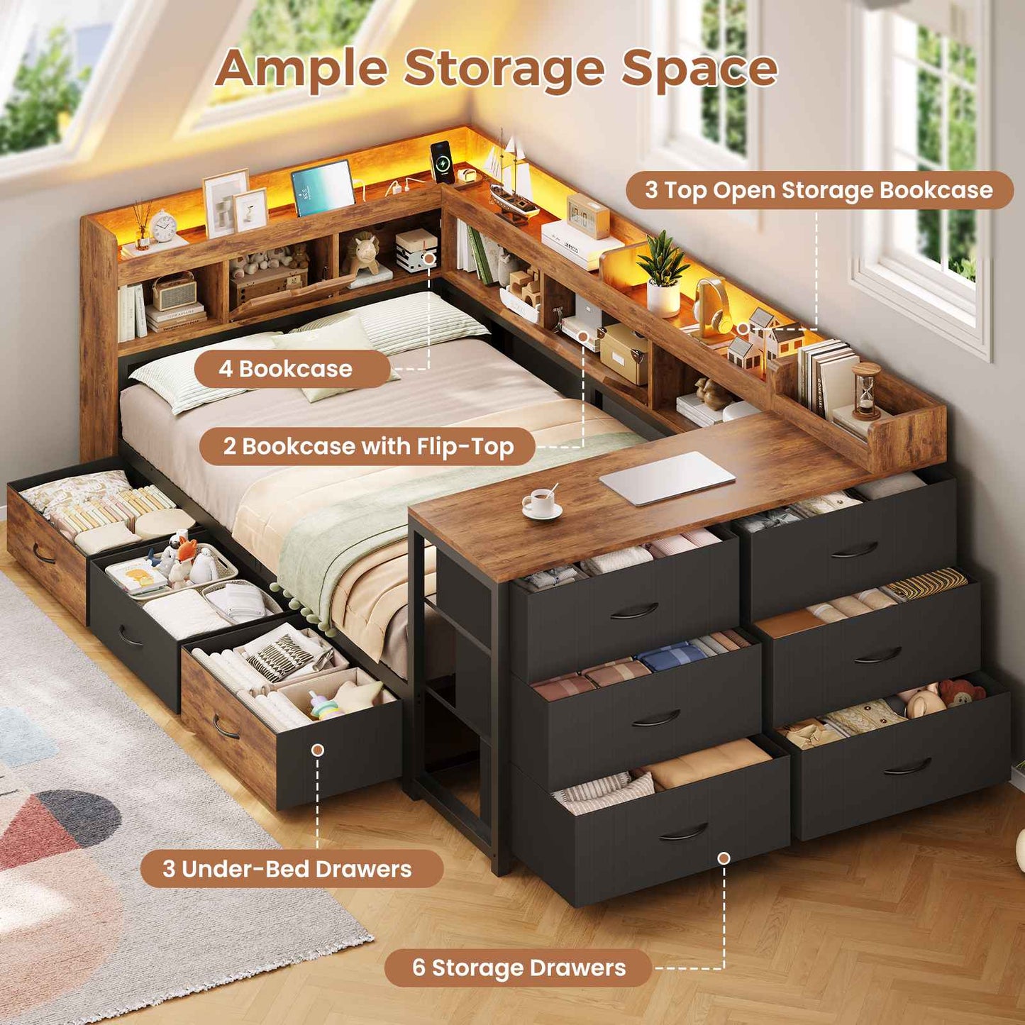 AOGLLATI Twin Corner Storage Bed Frame with 9 Drawers and Charging Station LED Daybed with Hidden Storage and Bookcase Storage