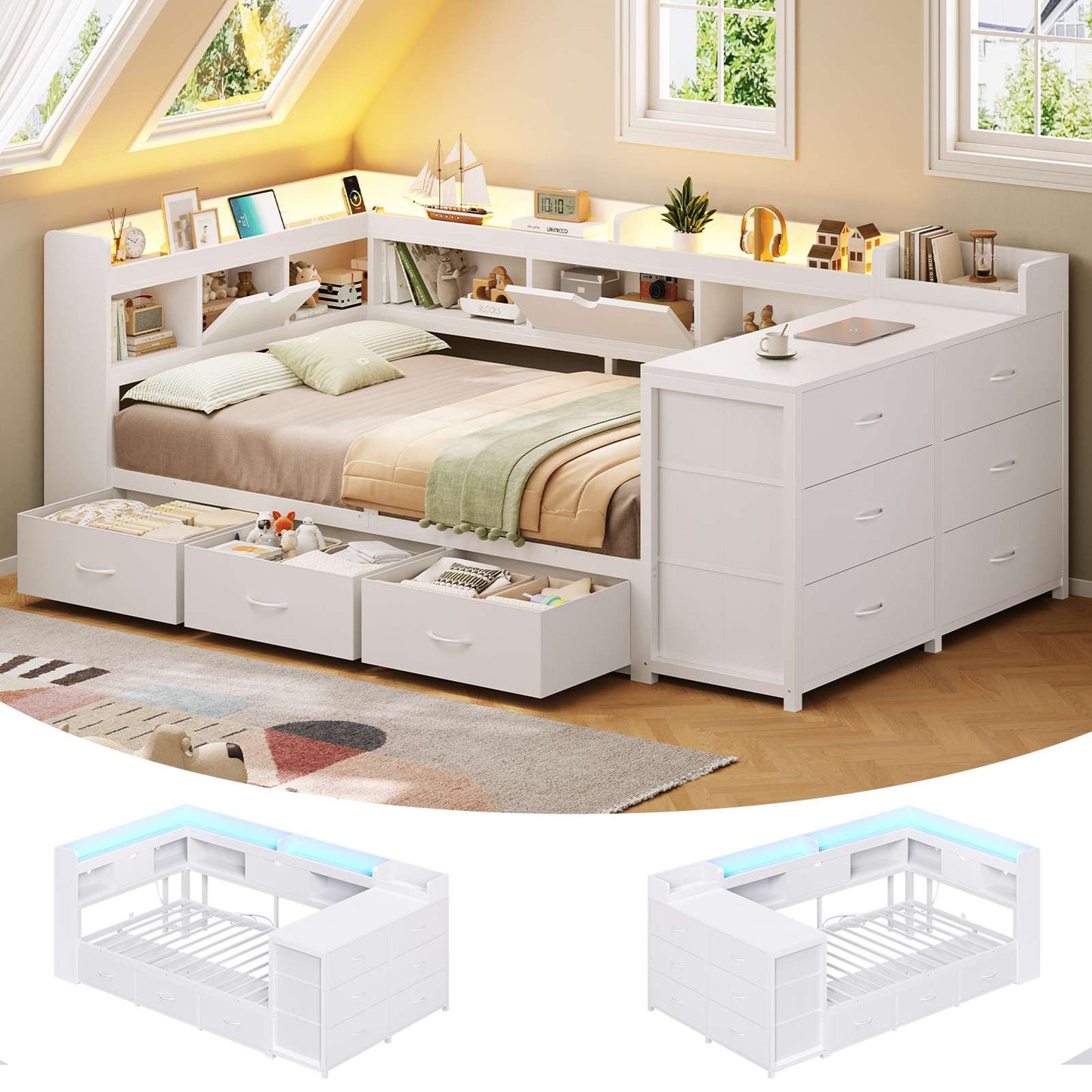 AOGLLATI Twin Corner Storage Bed Frame with 9 Drawers and Charging Station LED Daybed with Hidden Storage and Bookcase Storage