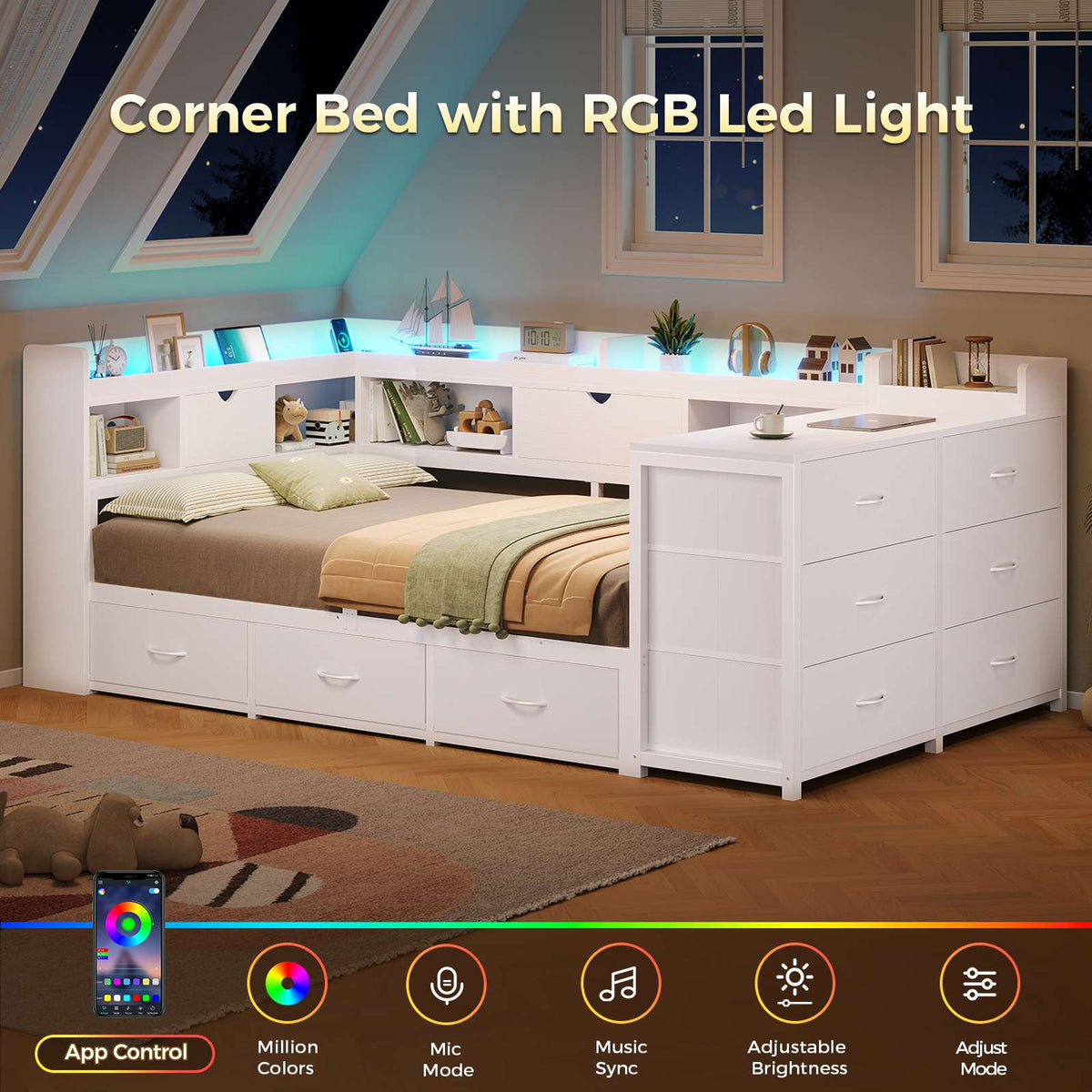 AOGLLATI Twin Corner Storage Bed Frame with 9 Drawers and Charging Station LED Daybed with Hidden Storage and Bookcase Storage