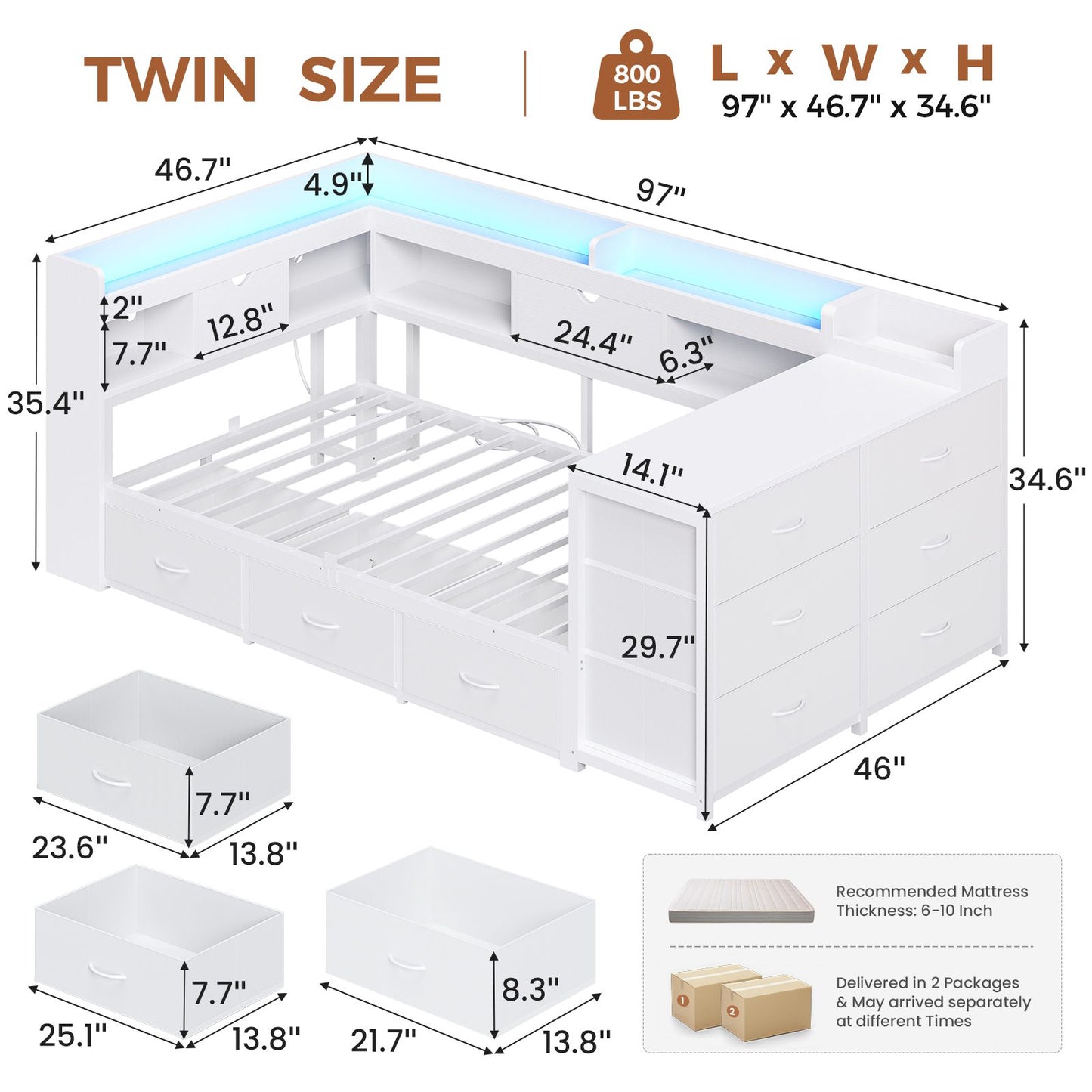 AOGLLATI Twin Corner Storage Bed Frame with 9 Drawers and Charging Station LED Daybed with Hidden Storage and Bookcase Storage